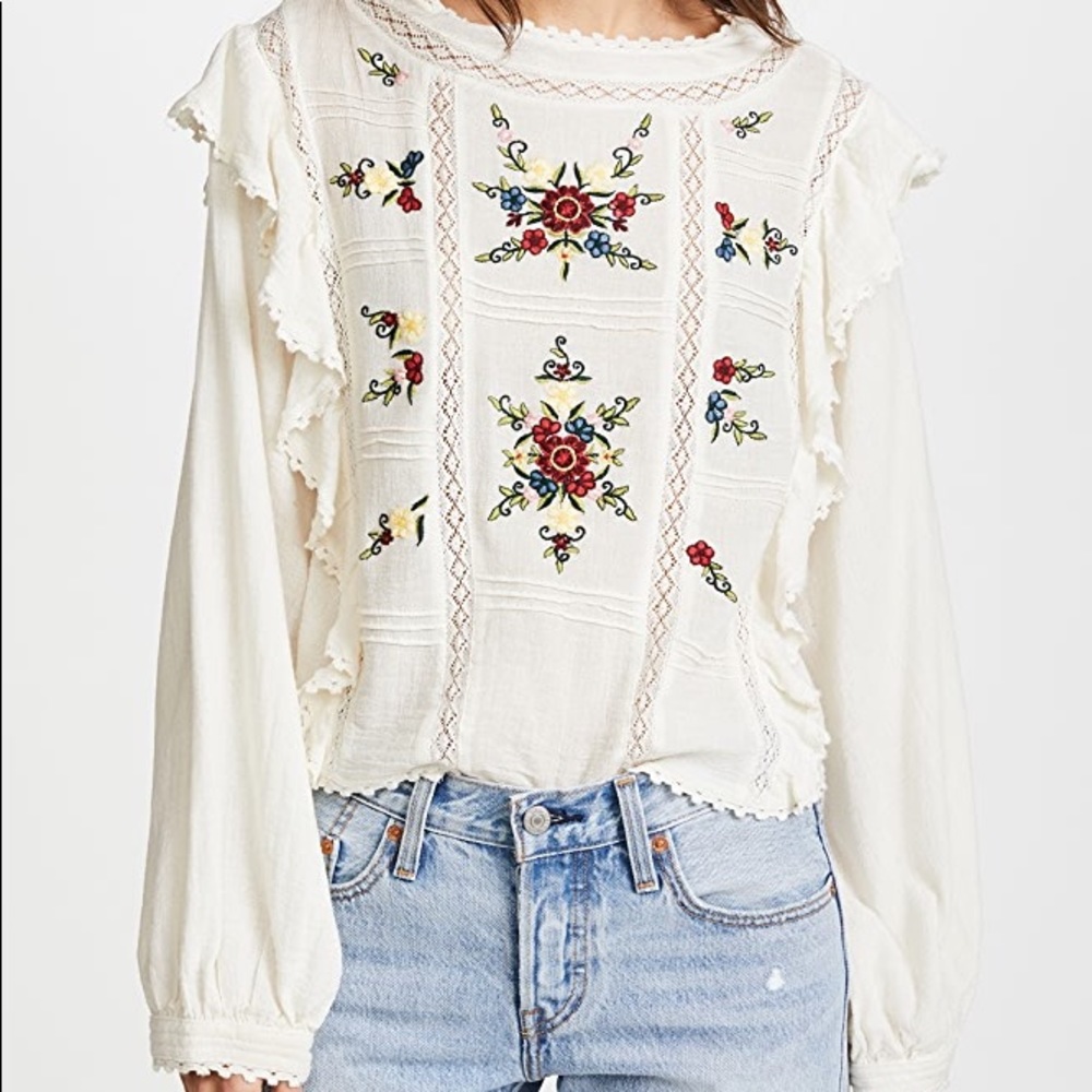 Free People Cream Embroidered Amy Top